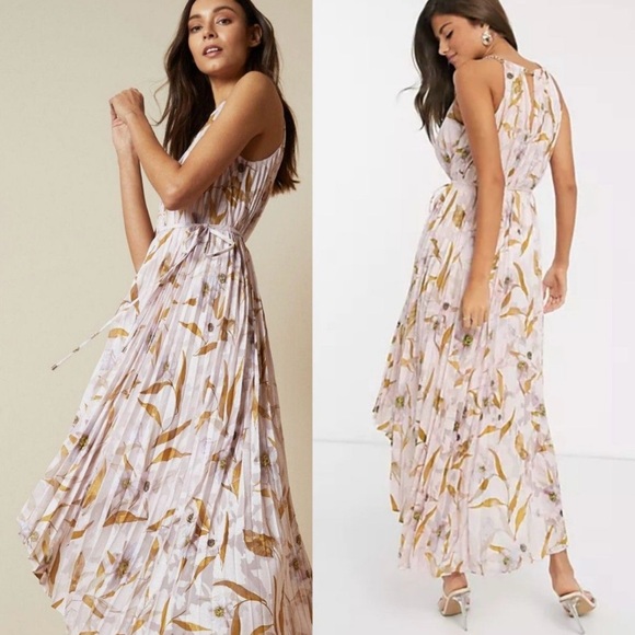 TED BAKER | DIXXIE PLEATED PRINTED SLEEVELESS FLORAL HIGH LOW MAXI DRESS SIZE 4 - Picture 1 of 13